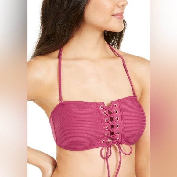 Hula Honey Juniors' Rhythm Rib Lace-Up Bandeau Bikini Top Burgundy-NWT - Picture 2 of 3